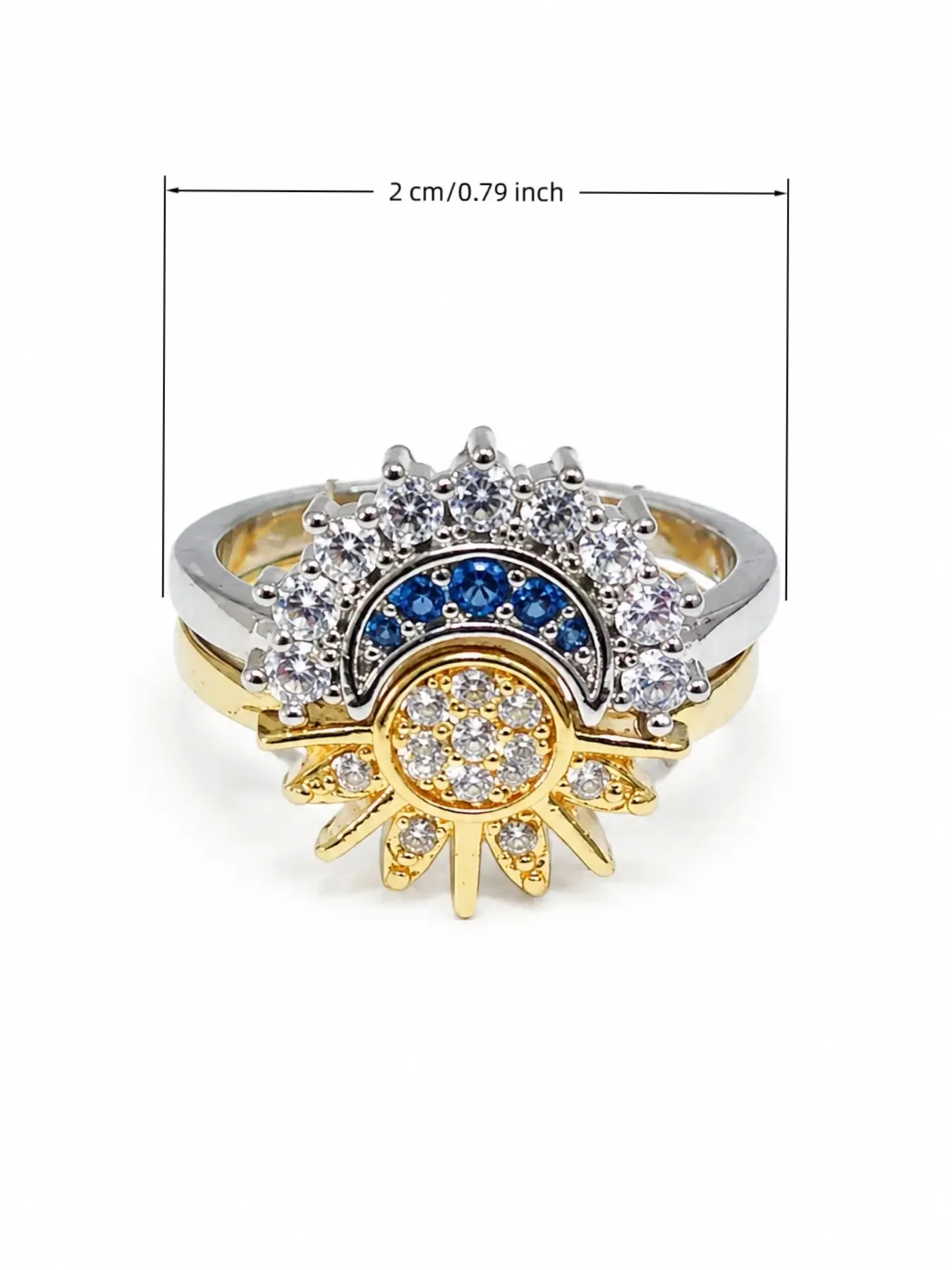 Two Tone Sun and Moon Split Shank Ring, Paved Blue Rhinestone, Boho Style, Vintage Celestial Jewelry, Women's Promise Ring Gift, Matching Promise Rings
