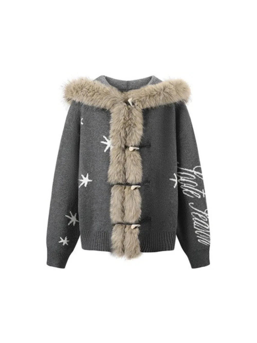 New Autumn And Winter Vintage Knitted Cardigan With Plush Hat Edge, Horn Buckle, Star Letter Print, Casual Trend, Niche Sweater