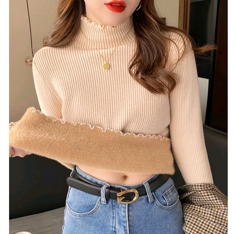 

Elegant Casual Half High Collar Pullover Sweater 2025 Autumn/winter Plus Velvet Basic Tops Thick Women Office Warm Base Knit Top