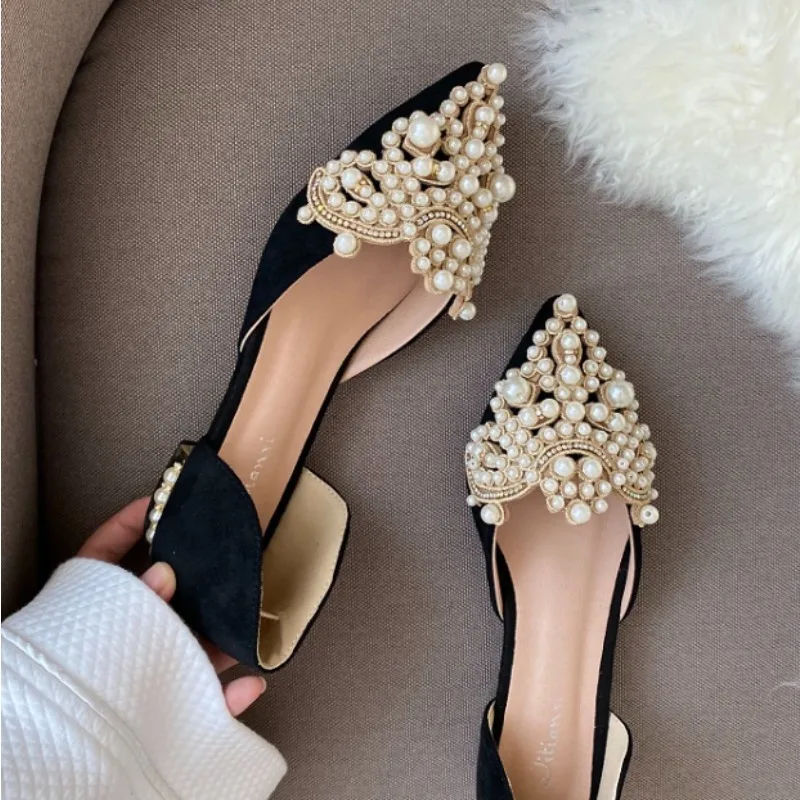 Neue Krone Perle Wohnungen Frauen Hochzeit Schuhe Spitz Weibliche Kleid Mokassins Niedrigen Perle Ferse Damen Mode Luxus Stil 43