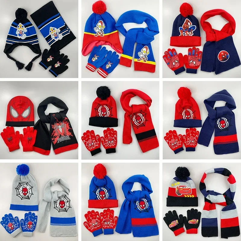 Disney Spiderman Kids Hat Scarf Gloves Three-piece Set Boys Lovely Knitted Woollen Hats Baby Wool Hat Scarf Kawaii Thick Hats