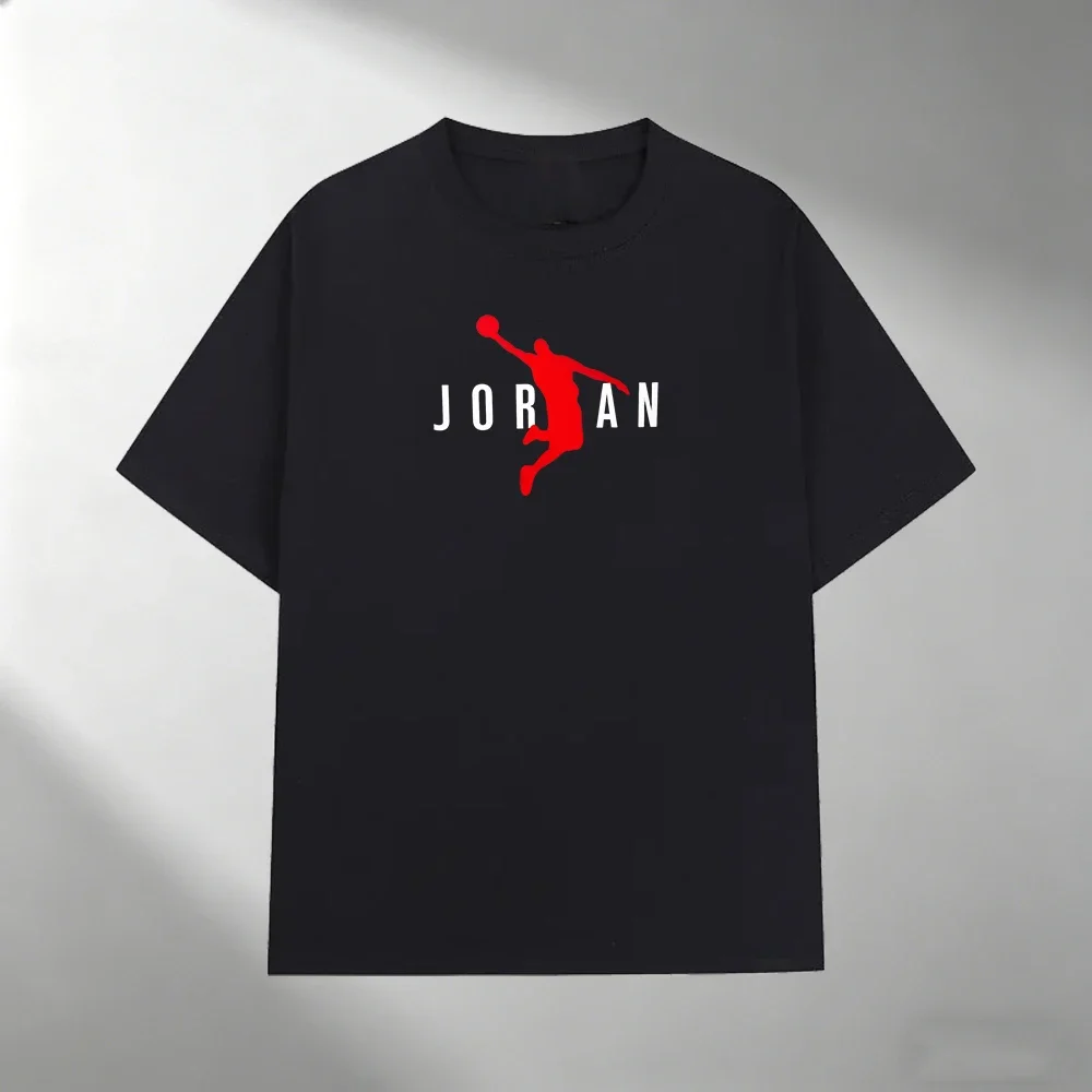 Camiseta de algodón puro para hombre, camisetas de manga corta con estampado de silueta de baloncesto rojo JORDAN, ropa informal de calle, camiseta deportiva de moda de verano