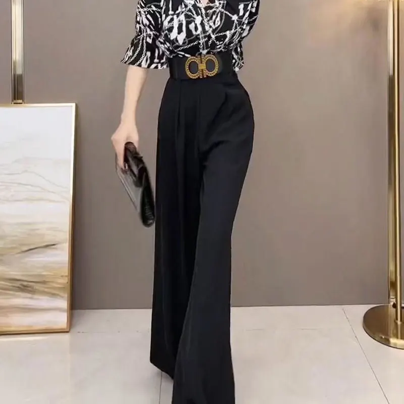 Vintage Stylish Printed Patchwork Jumpsuits Women\'s Elegant High Waist Summer Casual Turn-down Collar Wide Leg Long Jumpsuits