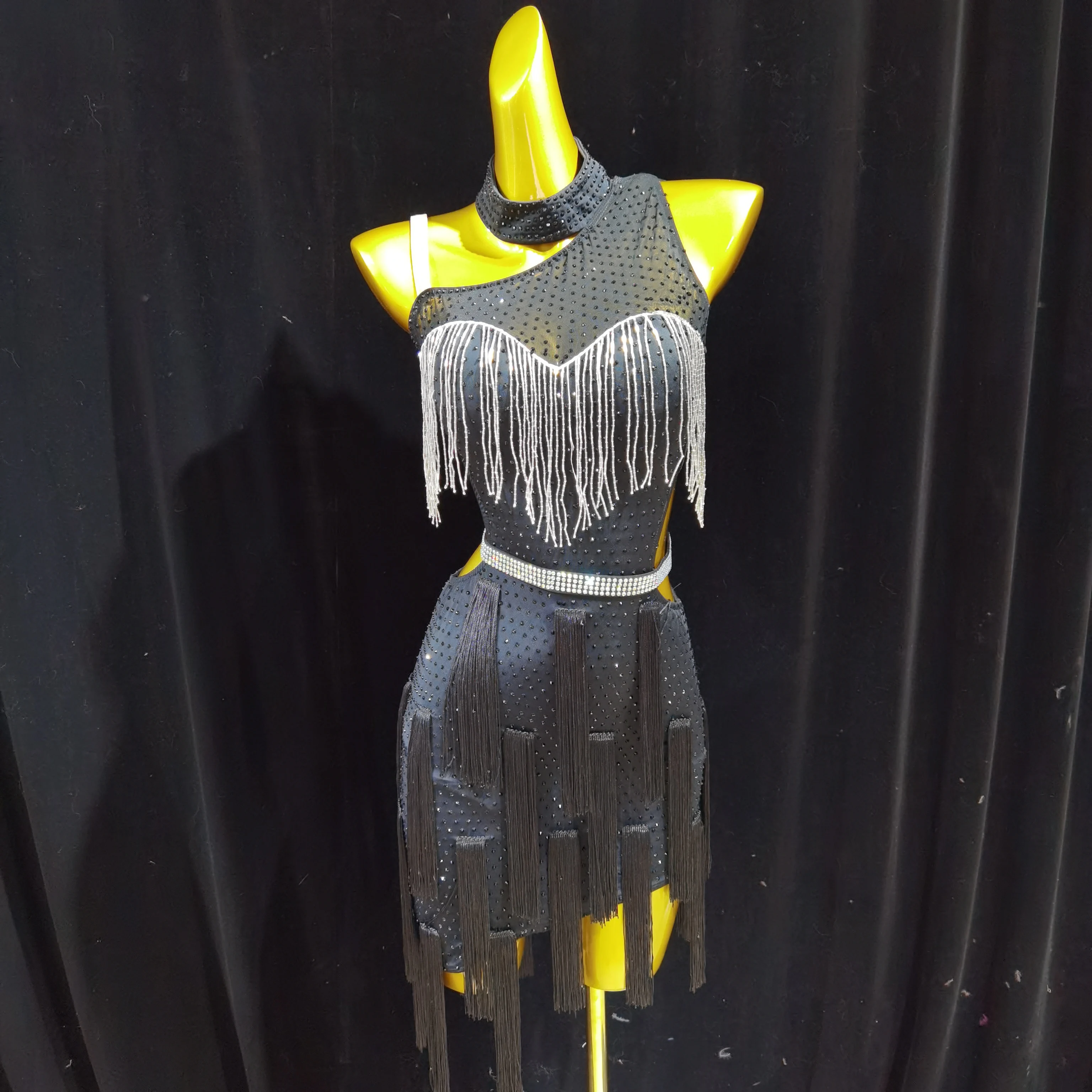 

2025 Professional Latin Dance Performance Dress Black Flower Tassel Detail Competition Stage Art Exam New Advanced Design