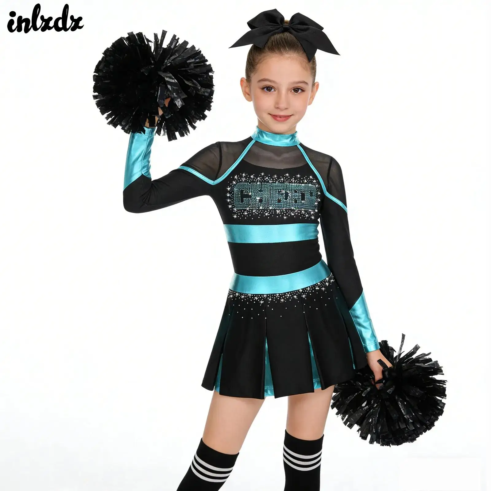 

Children Girls Cheerleader Performance Costumes Glittery Rhinestones Metallic Ballet Dance Pleated Dress Cheerleading Outfits