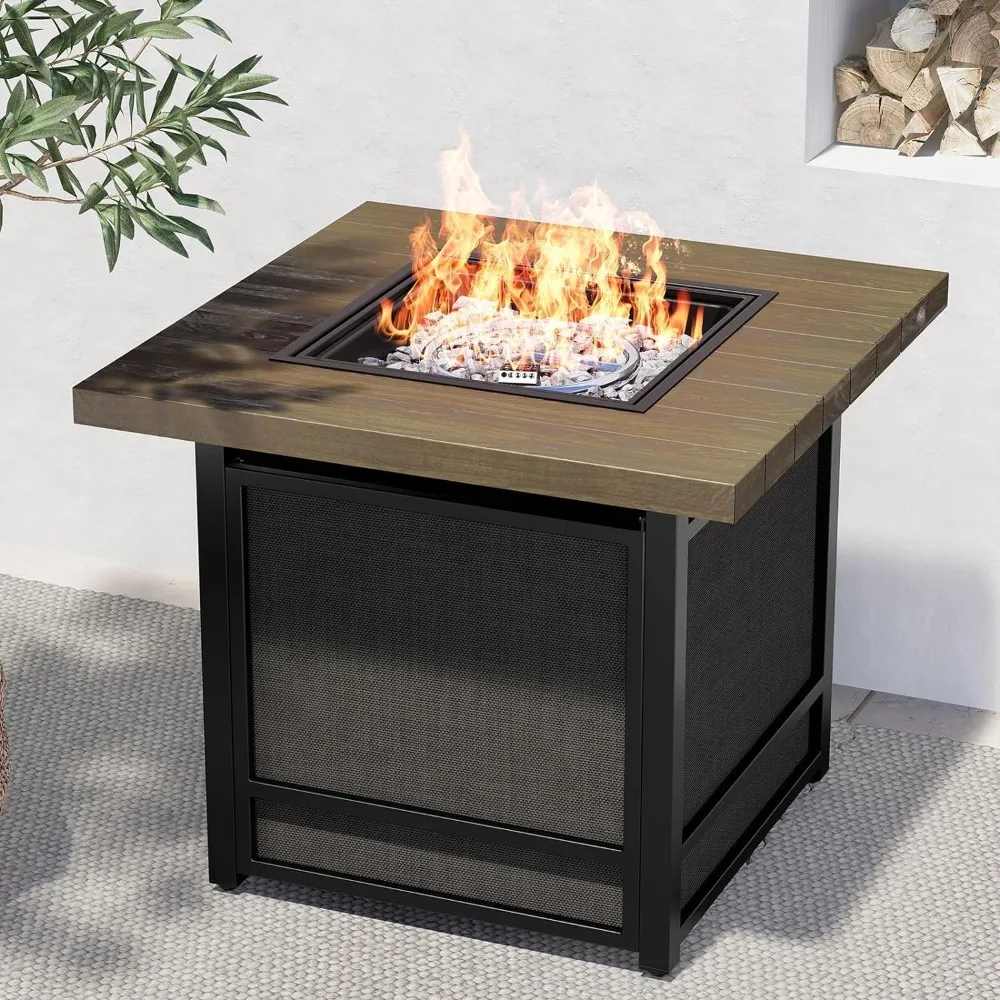 

29 Inch Outdoor Propane Gas Fire Pit Table with 50,000 BTU, Woodgrain Top and Mesh Fabric Base