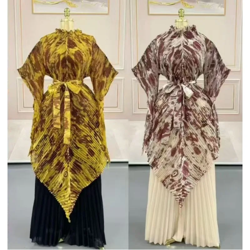 

Комплект Miyake с плиссированным принтом 2026: Новинка! Длинный топ с утяжкой на талии и свободные драпированные брюки с широкими штанинами, 2 предмета, африканский стиль, большие размеры для женщин