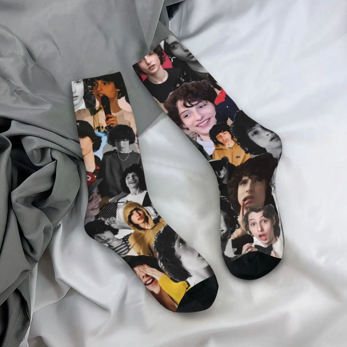 Hip-hop Finn Wolfhard Collage Skateboard Socks Actor Movie Polyester Crew Socks for Women Men Sweat Absorbing