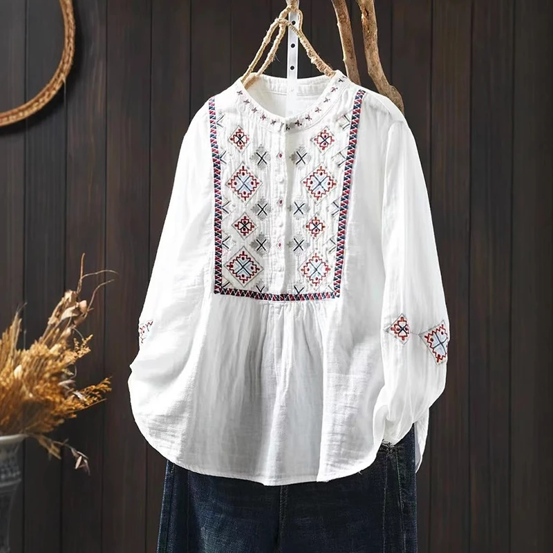 100% Cotton Women Casual Blouse Shirt New 2025 Spring Vintage Style Floral Embroidery Loose Female Long Sleeve Tops Shirts M531