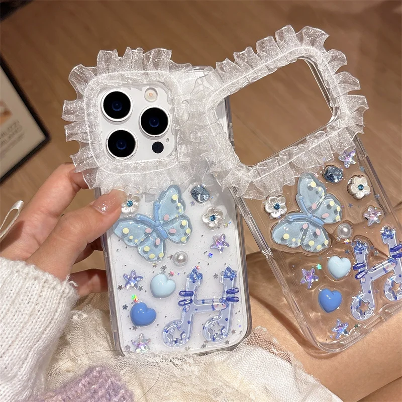 

Korean Cute 3D Blue butterfly lace edge Phone Case For iPhone 17 16 15 14 13 Pro Max 16Plus 17promax Shockproof Clear Cover girl