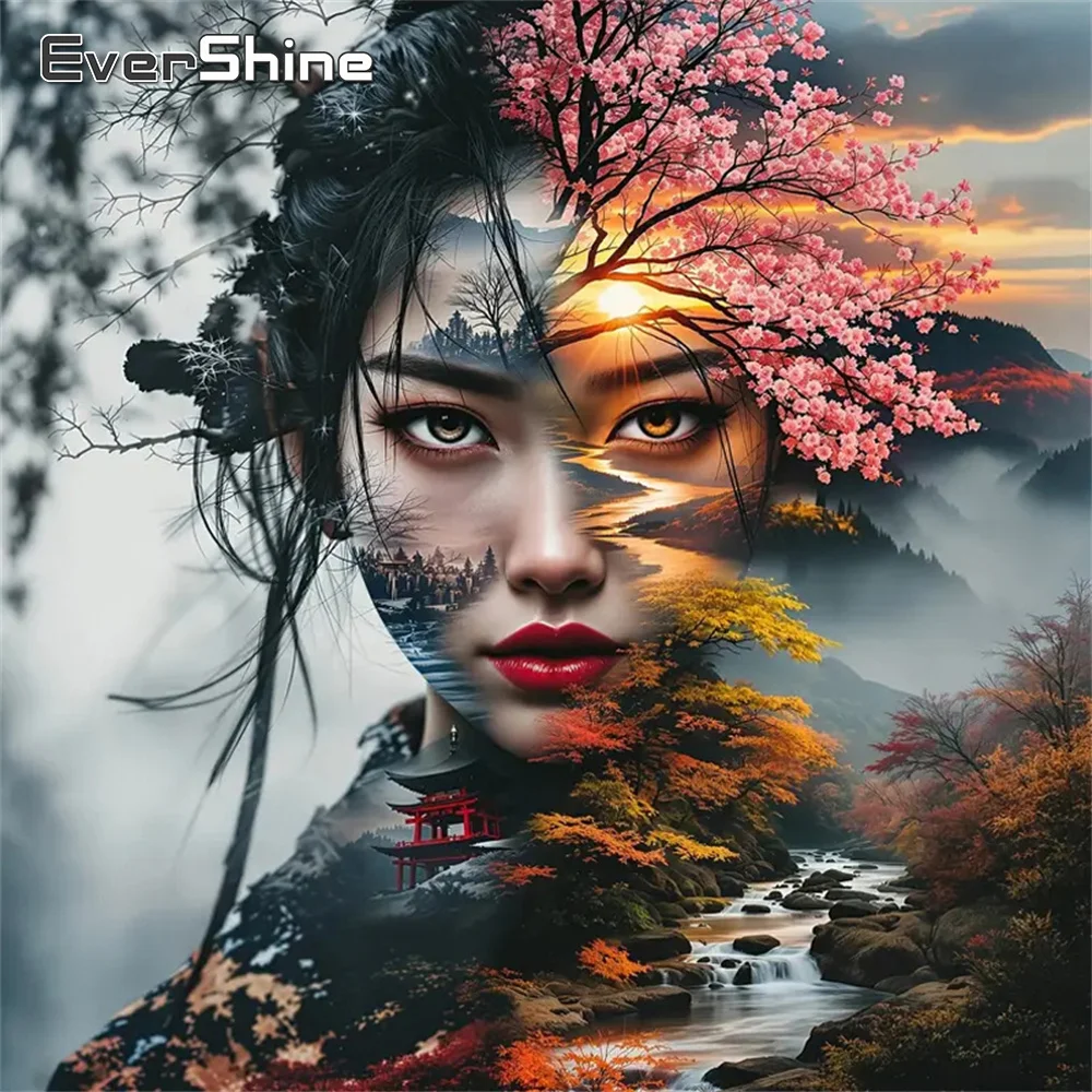 Evershine Diamond Mosaic Tree Landscape DIY Painting Mountain Picture Rhinestones Embroidery Woman Character Wall Decor