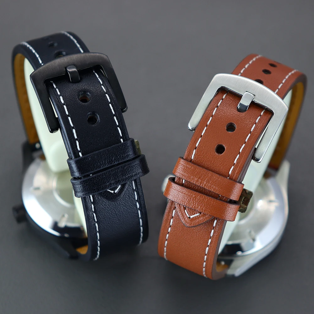 40mm NH35 시계 스테인리스 스틸 케이스 가죽 스트랩 (nh34, nh35, nh36, nh38, 4R36, ETA 2824 무브먼트 호환) 실버/블랙 케이스 방수