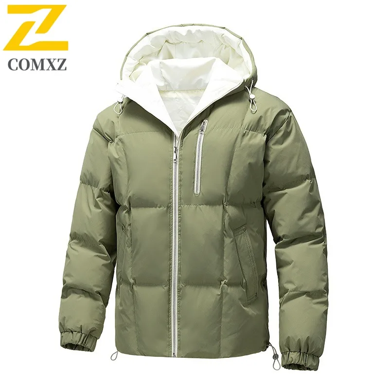Men's Winter Hooded Padded Jacket Thermal Loose Fit Windproof Parka Casual Thickened Fleece Lined Coat Snow Outdoor Bread Style