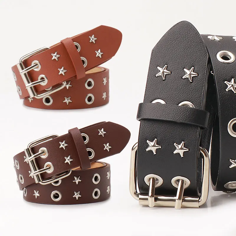 

Women y2k Star Eye Rivet Belt Double Row Hole Belt Punk Waist Strap Hollow Out PU Leather Jeans Decorative Fashion Waistband