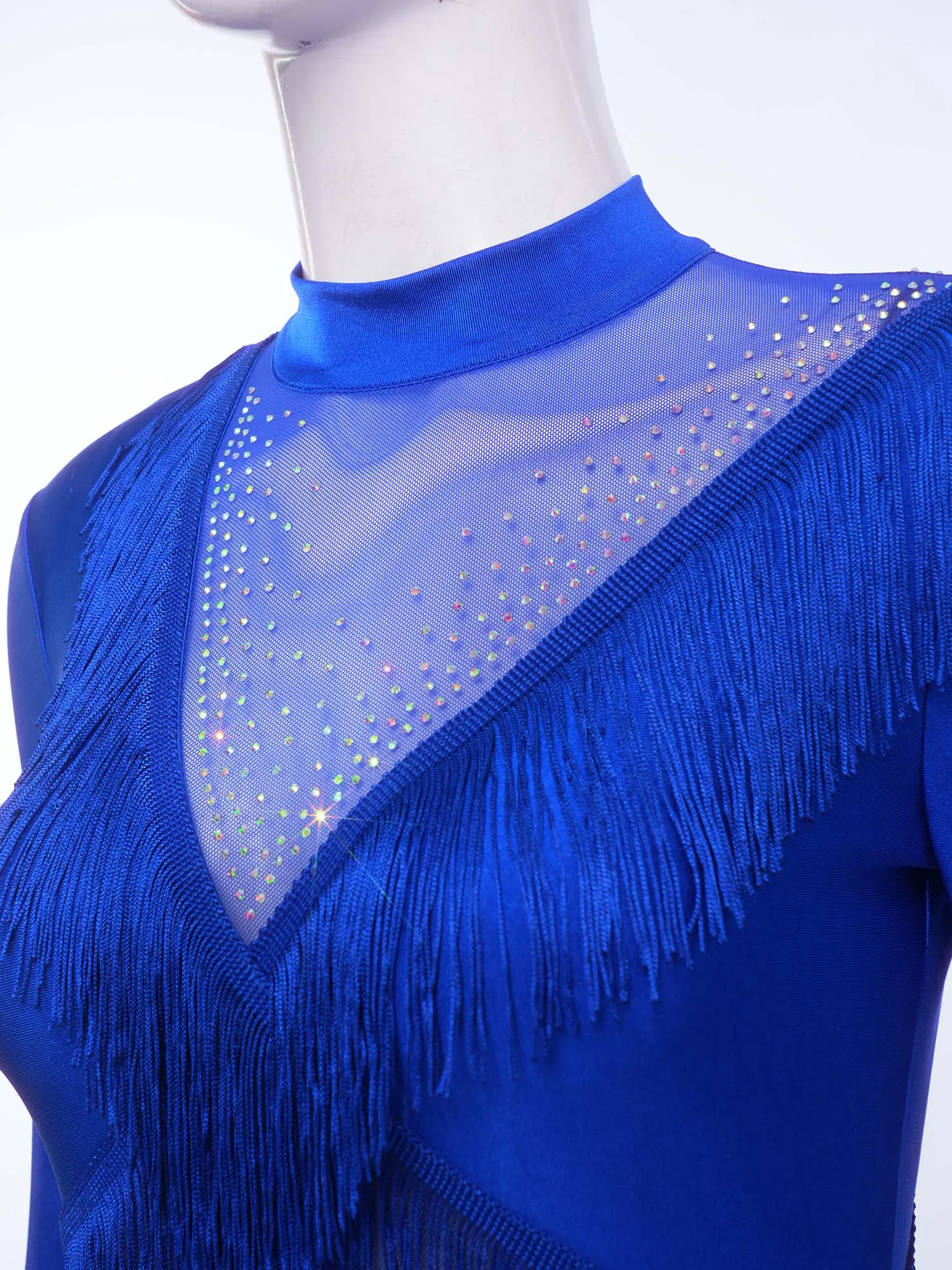 

Women Latin Dance Jumpsuit Patchwork Design Rhinestones Long Sleeve Crotch Press Buttons Fringed Leotard Tango Dancing Costume