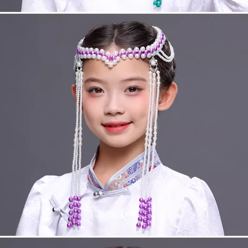 

Chinese Girl Mongolian Headwear Dance Performance Long Bead Chain Hair Accessory