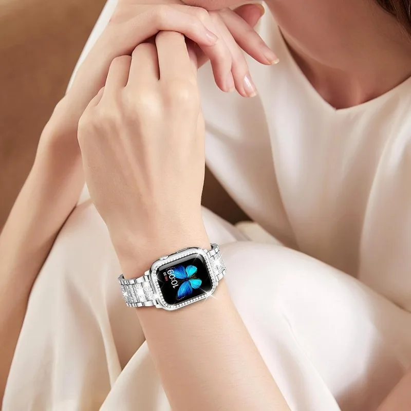 حافظة ماسية + حزام من الفولاذ المقاوم للصدأ لساعة أبل 40 ملم 41 ملم 44 ملم 45 ملم سوار معدني لسلسلة iWatch 9 8 7 6 5 4 SE