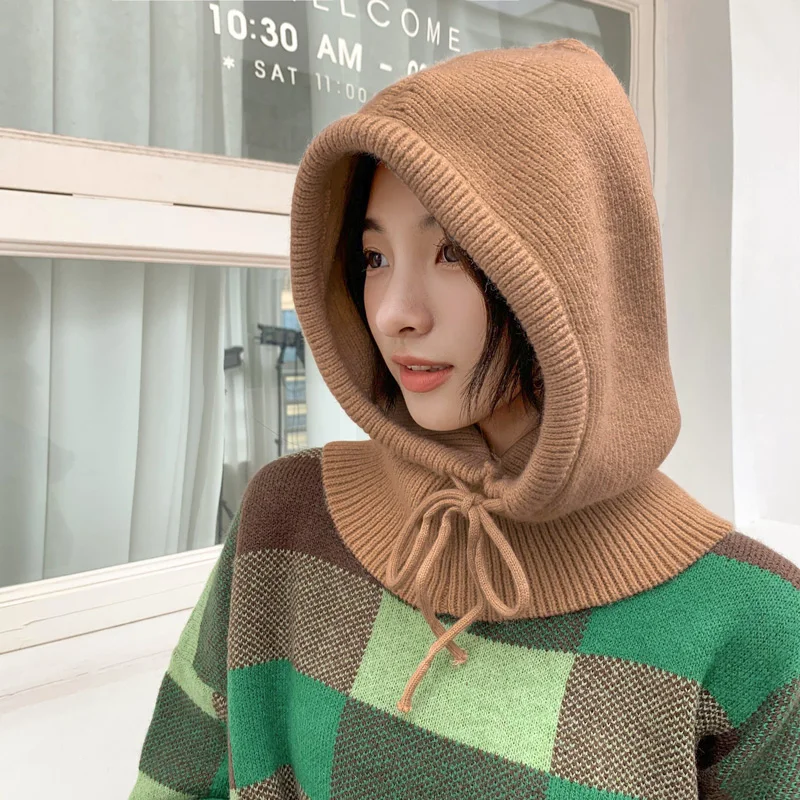 Winter Hooded Neck Collar Knitted Hats Women Men Pullover Balaclava Warm Ring Scarf Beanie  Adjustable Drawstring One-Piece Caps