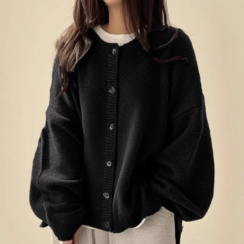

Deeptown Black Vintage Elegant Women Cardigan Preppy Long Sleeve Korean Fashion Sweaters Oversized Solid Classic Casual Winter