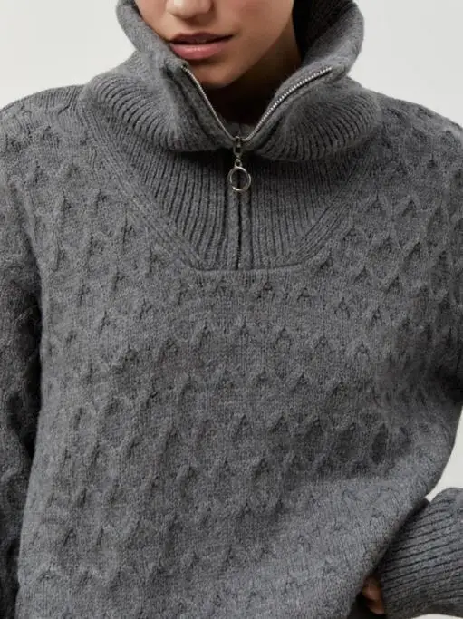 Herbst und Winter 2025, Damen-Pullover, lässig, einfach, einfarbig, Stehkragen, Reißverschluss, Diamant-Jacquard, locker gestrickt, langärmelig