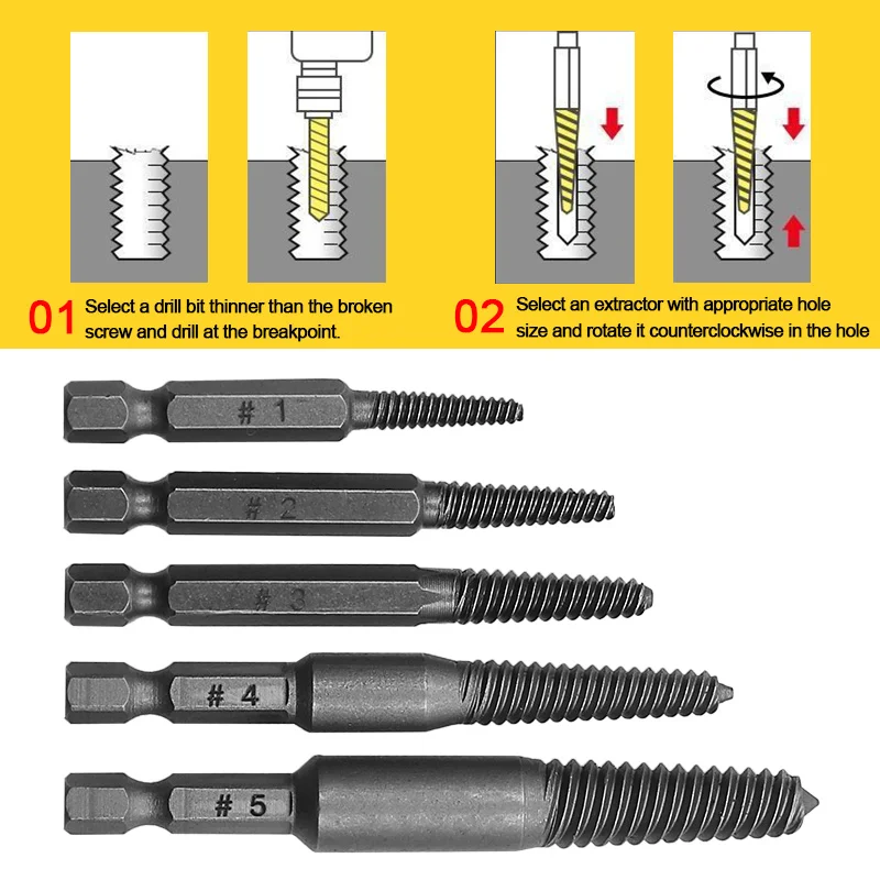 Extractor de tornillos de 5 piezas, juego de guía de brocas centrales, removedor de pernos dañados rotos, vástago hexagonal y llave inglesa para herramienta de mano rota