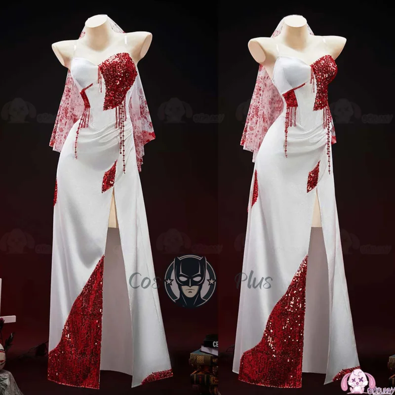 

Новое кровавое платье невесты, белое платье, карнавальный костюм, изысканная свадебная форма с красными бриллиантами, головной убор, маскарадный комплект для вечеринки на Хэллоуин