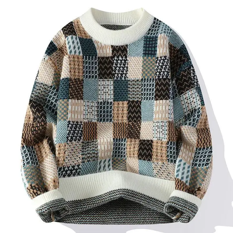 

Мужской повседневный свободный свитер с круглым вырезом, вязаный из шерсти, модный, для подростков, в клетку, новая модель 2025 года