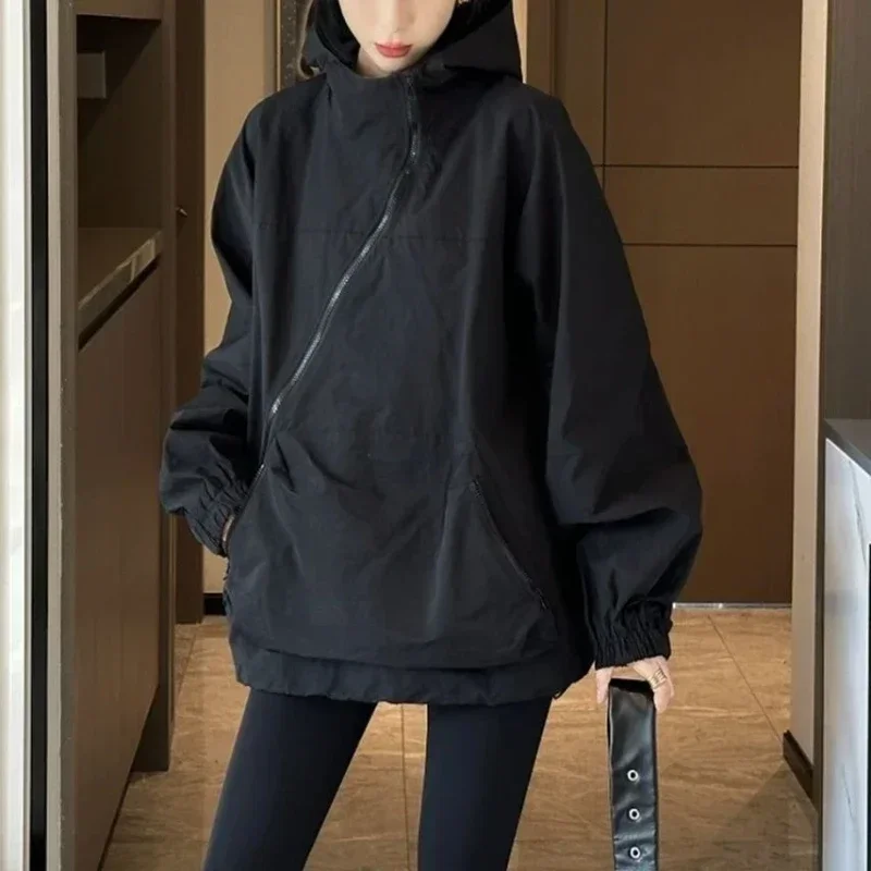 المرأة جاكت مزود بغطاء للرأس قطري سستة تصميم خمر الخريف فضفاض موضة Bf نمط في الهواء الطلق Chaqueta Mujer الترفيه كل مباراة سيدة #3