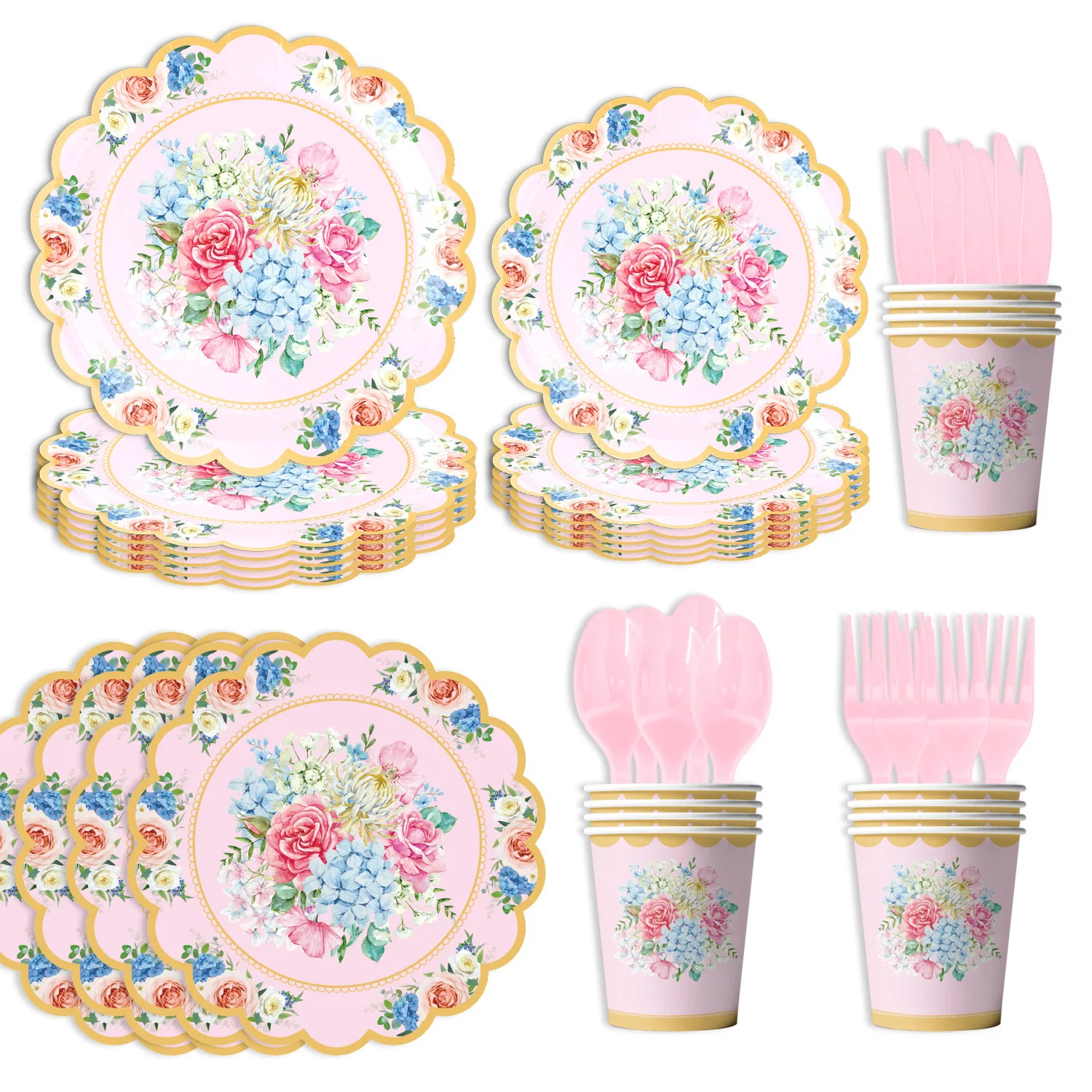 10P Frühling Tee Party Thema Spitze Muster Gedruckt Pappteller Papier Handtücher Tassen Blume Nachmittagstee Party Geschirr Liefert