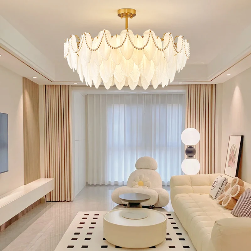 French Pearl Feather Chandelier Living Room Cream Style Retro Romantic Girl Room Light Luxury Bedroom Main Lamp