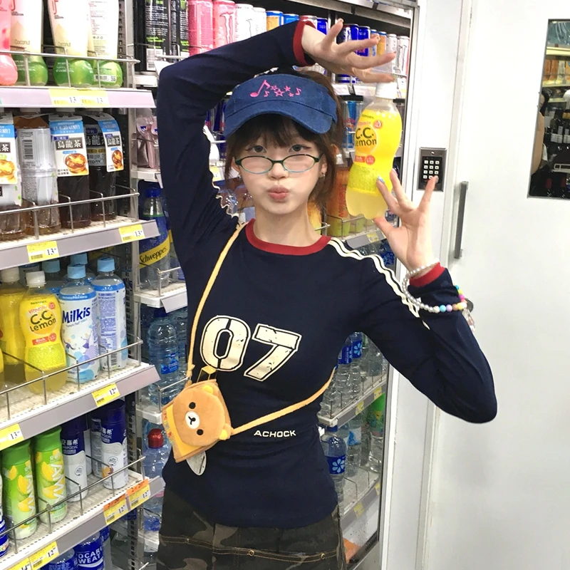 Karrram japonais Y2k lettre impression T-shirt Vintage Harajuku à manches longues Jersey T-shirt américain rétro Streetwear 2000s esthétique