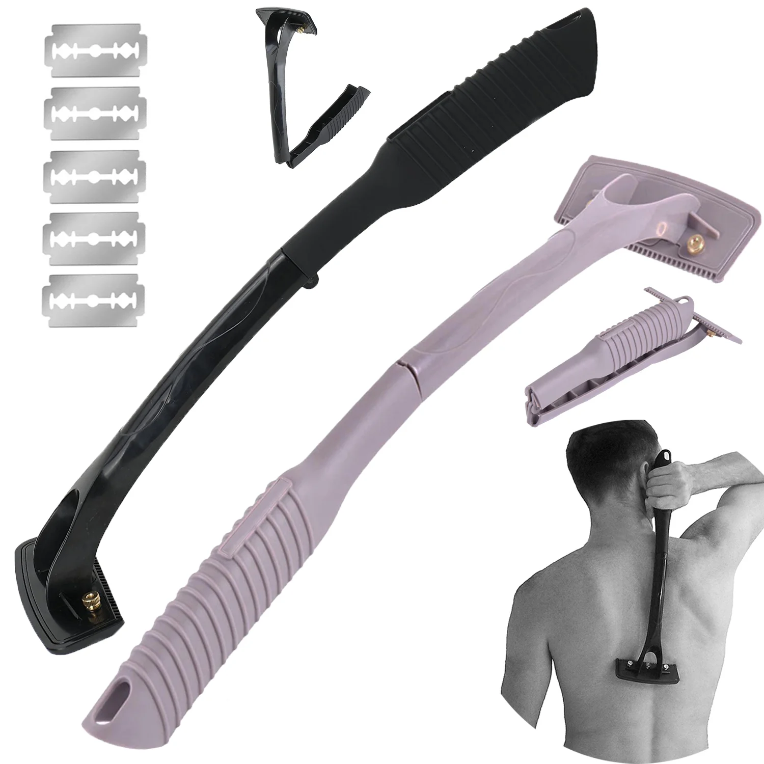 Back Shaver Shaving Knife Safety Long Handle Folding Body Back Hair Leg Back Razor Shaver Hair Removal Tool with 5 Pcs Blades