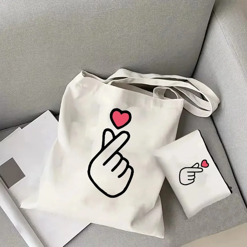 Korean Love Gift Korean Finger Heart Tote Bag Korean Popular Shoulder Bag Korea Finger Canvas BagKpop Finger Heart Kpop Merch