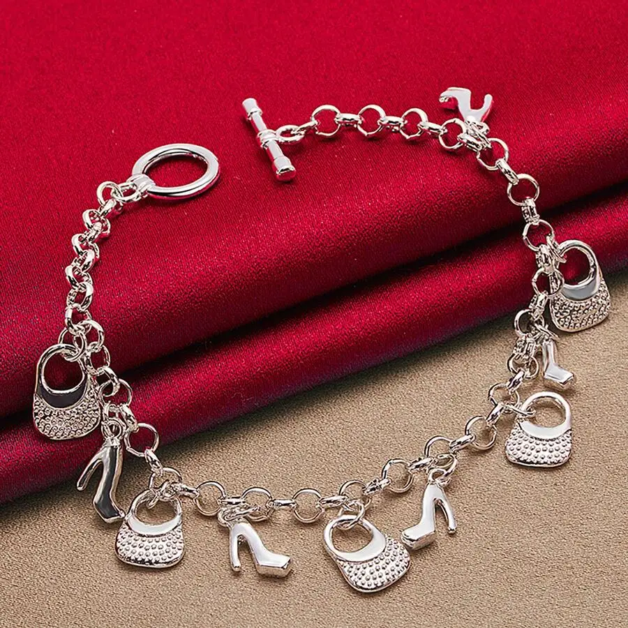 Conjunto de pulsera y collar con dijes de tacón alto plateados para mujer – Joyería elegante para bodas o compromisos