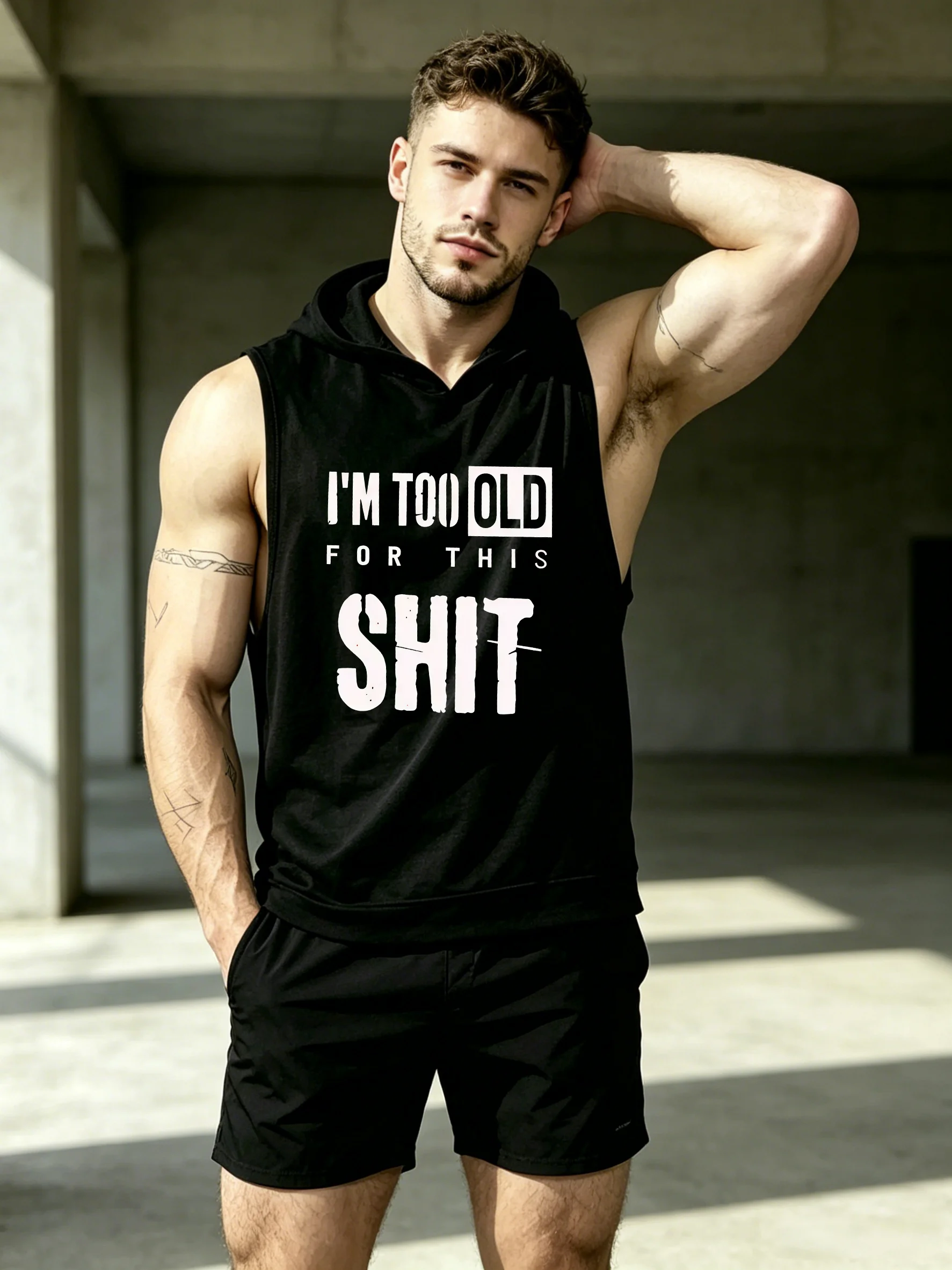 Summer Men's 2PCS Casual I'm Too Old Print Sports Two-Piece Set, Hooded Sleeveless Vest Top T-Shirt with Shorts with Pocket Two-Piece Set, Cool And Comfortable, Black Minimalist Style