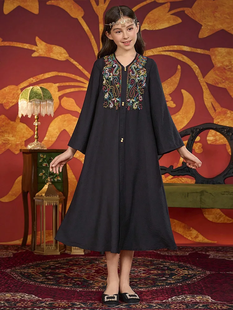 

New Muslim Kids Girls Embroidery Beaded Maxi Dress Robe Loose Ramadan Morocco Islamic Children Clothing Arab Abaya Turkey Kaftan