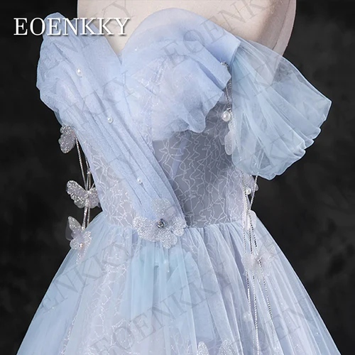 Imagen 2 del producto EOENKKY Vestidos de fiesta de princesa con hombros descubiertos color azul línea A perlas flores 3D vestido de noche personalizado Vestido de baile de princesa azul hombro desnudo celebridad Pearl en forma de a vestido