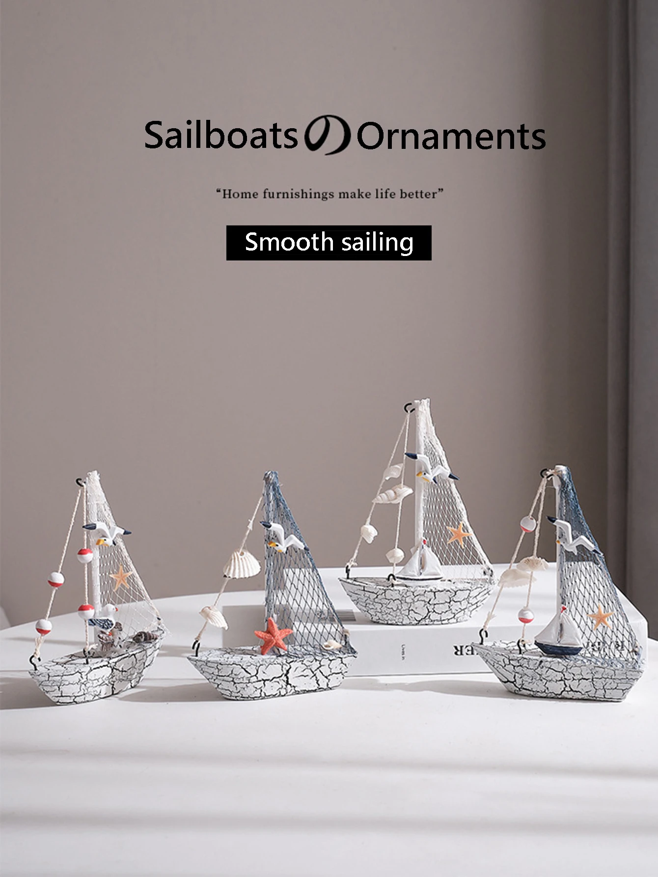 New Mediterranean style shell crack small boat decoration Wooden sailboat model small  ornaments  Creative handicraft boat model