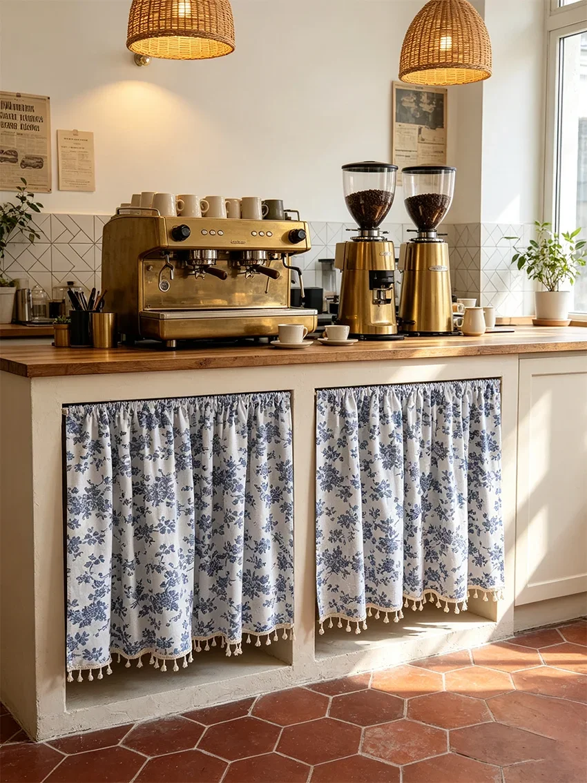 1pc Blue Floral Tassel Cabinet Curtain, French Country Kitchen Sink Cabinet Skirt, Decor Curtain for Library Cafe Home Decor