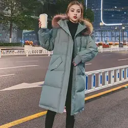 Winter Women Parkas With Furry Hood Solid Color Long Sleeves Pockets Cotton Jacket Heat Retention Knee Length Zip-up Padded Coat