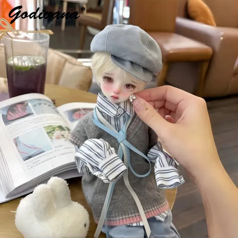1/4 BJD Doll Clothes American Preppy College Strip Long Sleeves Blouse and Knit Vest Trousers Three-color Fantasy Daily Suit