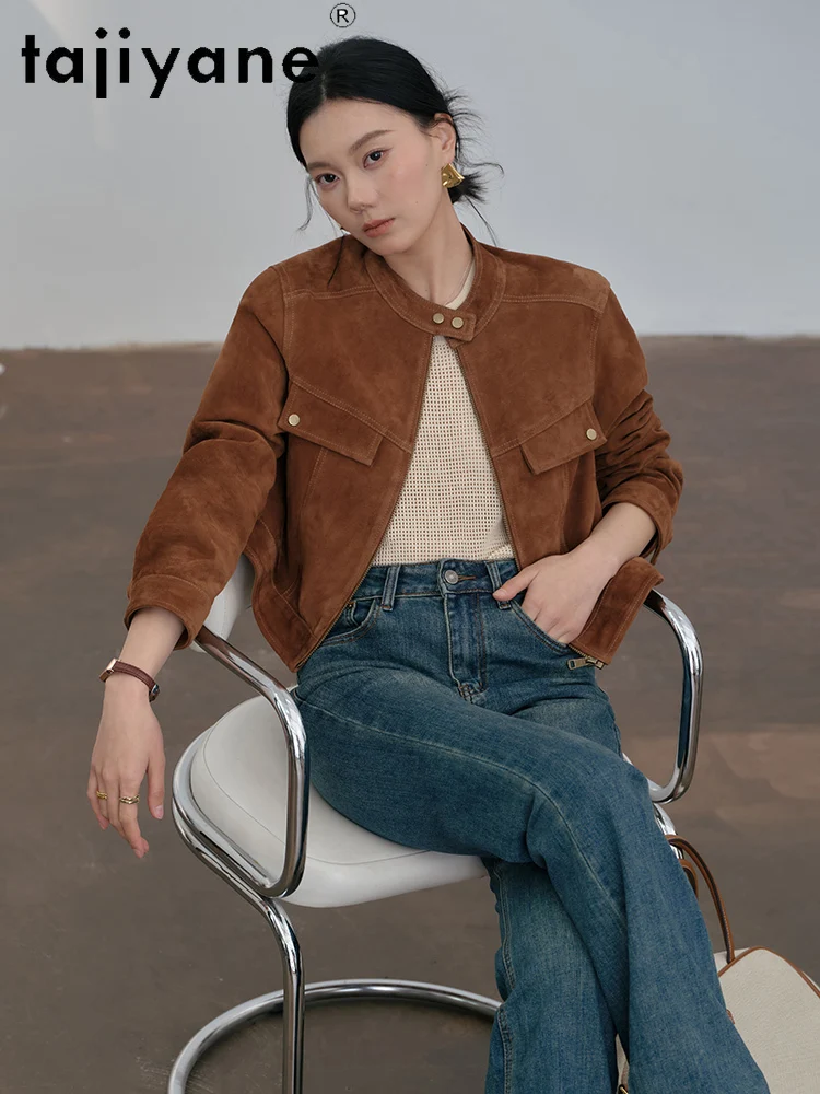سترة من جلد الغنم الحقيقي من TAJIYANE معاطف نسائية أنيقة قصيرة من الجلد الطبيعي ملابس خارجية مميزة لخريف 2025 ملابس حريمي Frauengadı자켓
