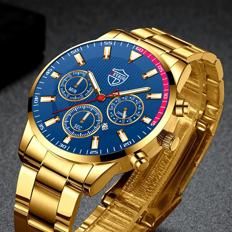 

Gold Fashion Men's Watches Luxury Stainless Steel Quartz Wrist Watch for Men New Leather Business Calendar Clock reloj hombre