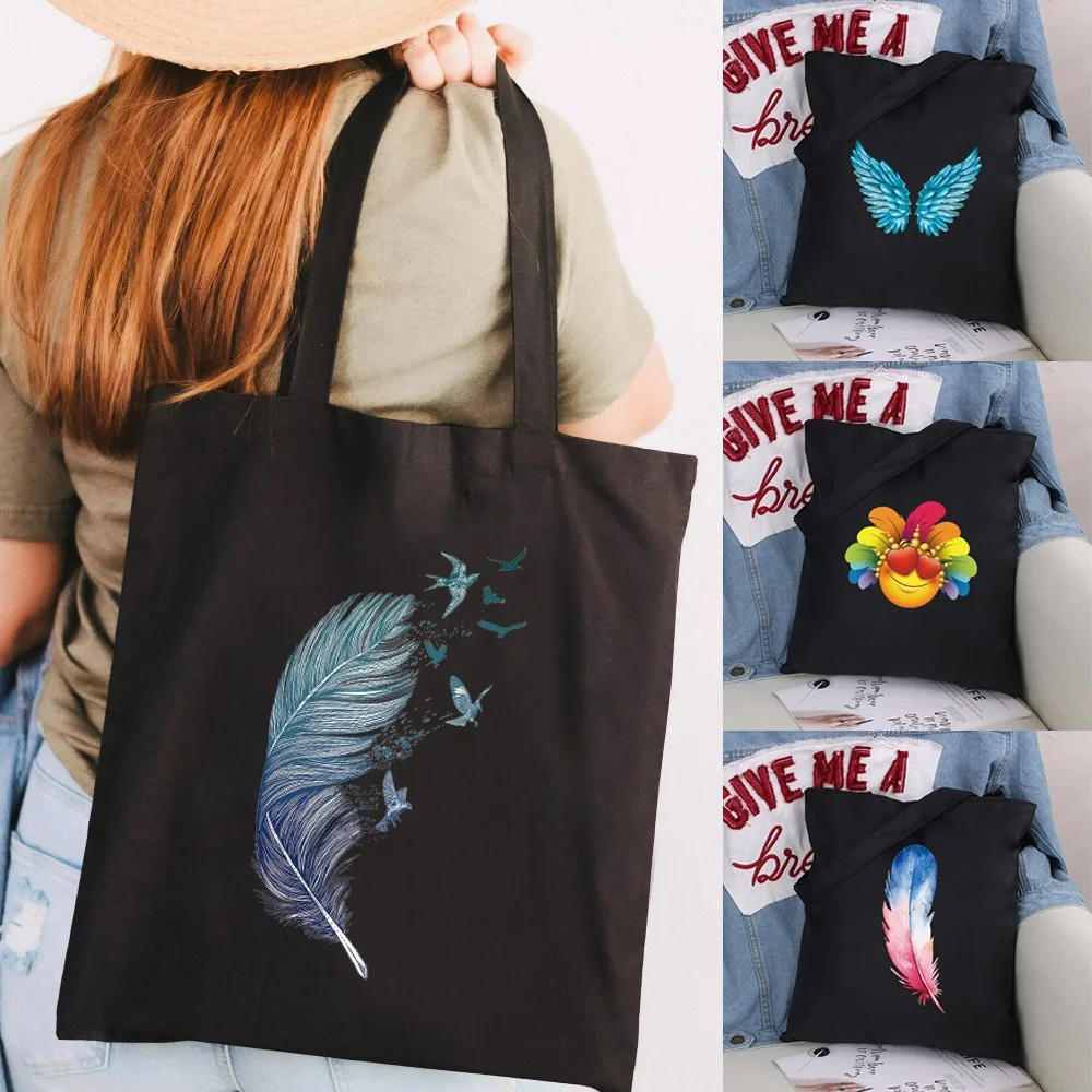 

Women Handbag Shopping Shoulder Bags Ladies Shopper Canvas Bag Reusable Commute Large Capacity School Tote handbag Feather Print