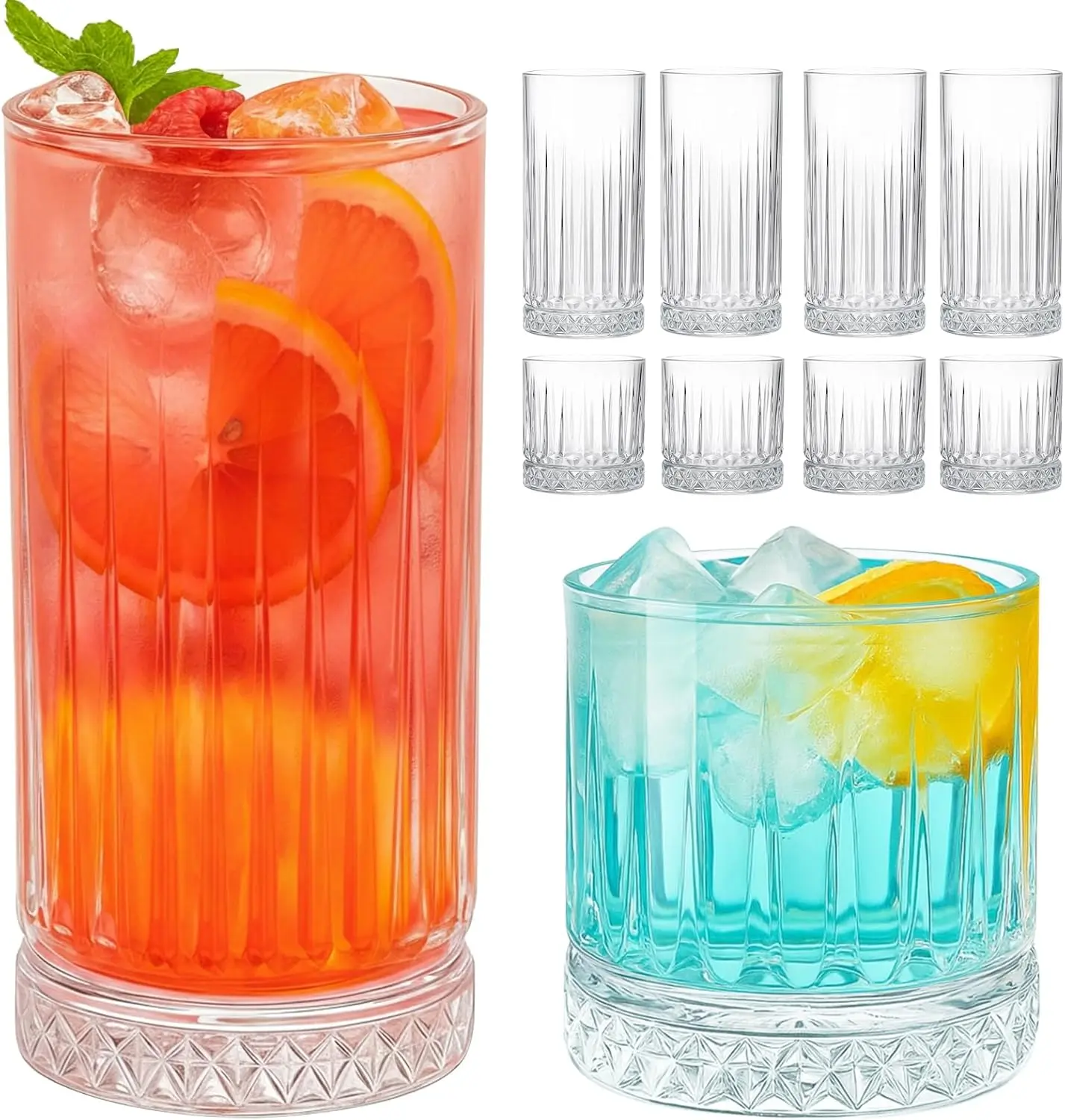

Drinking Glasses Set of 8,15 oz and 7 oz Kitchen Water Glass Cups Set,Clear Ribbed Glassware