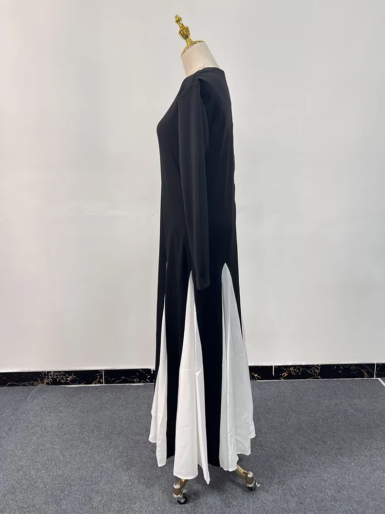 Colorblock Elegant Long Dresses For Women 2024 Luxury Brand O Neck Long Sleeve Temperament Slim Dress Female Clothes