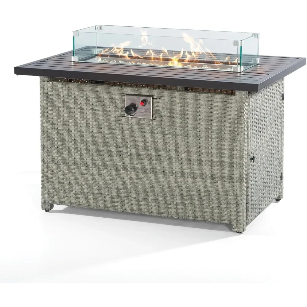 

43 Inch Fire Pit Table with Windshield Glass, Gas Tank Holder, CSA-Certified, 50000 BTU, Auto-Iginition, Rattan Propane Fire Pit