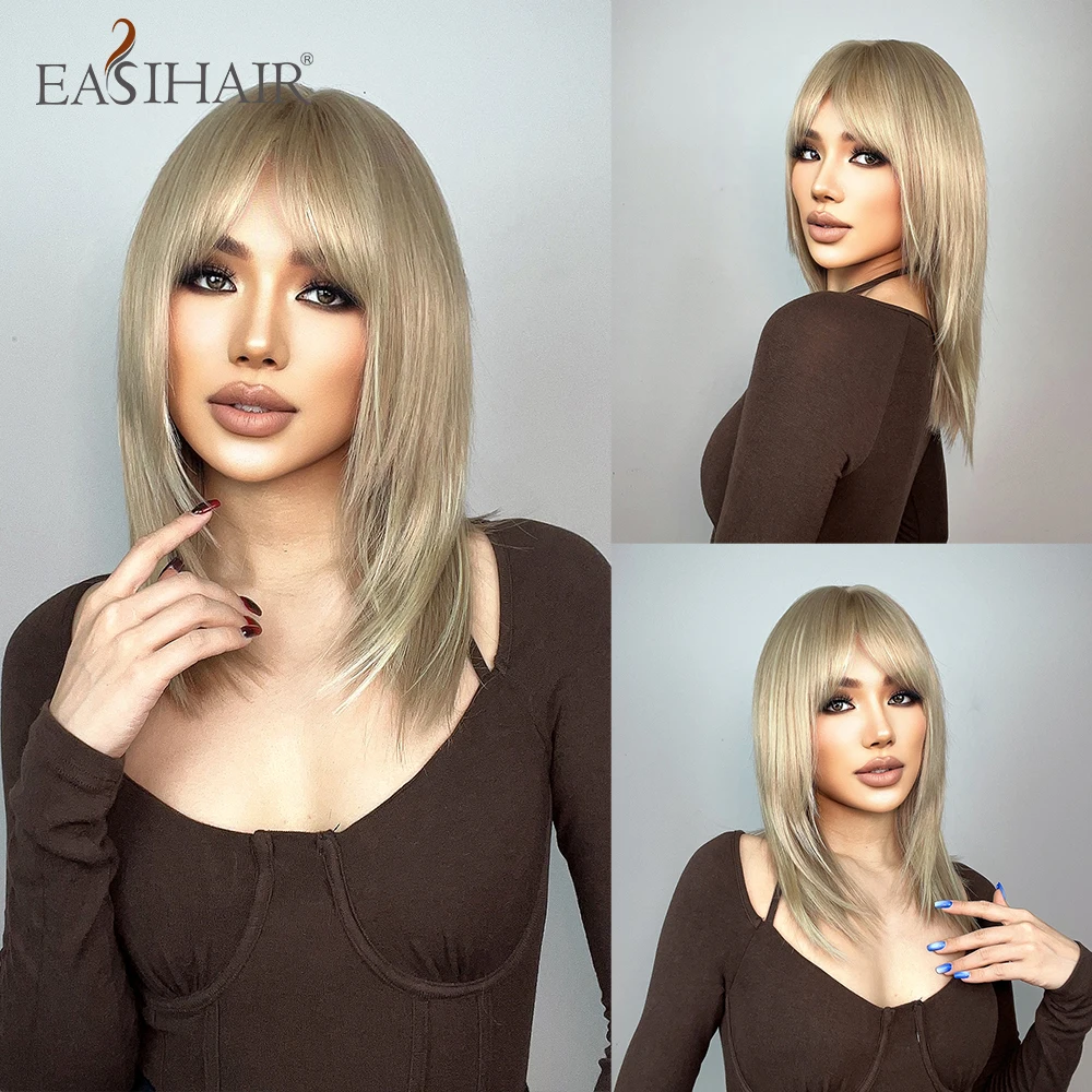 

EASIHAIR Blonde Straight Synthetic Wigs Medium Length Layered Natural Hair Wigs for Women with Bangs Cosplay Wig Heat Resistant