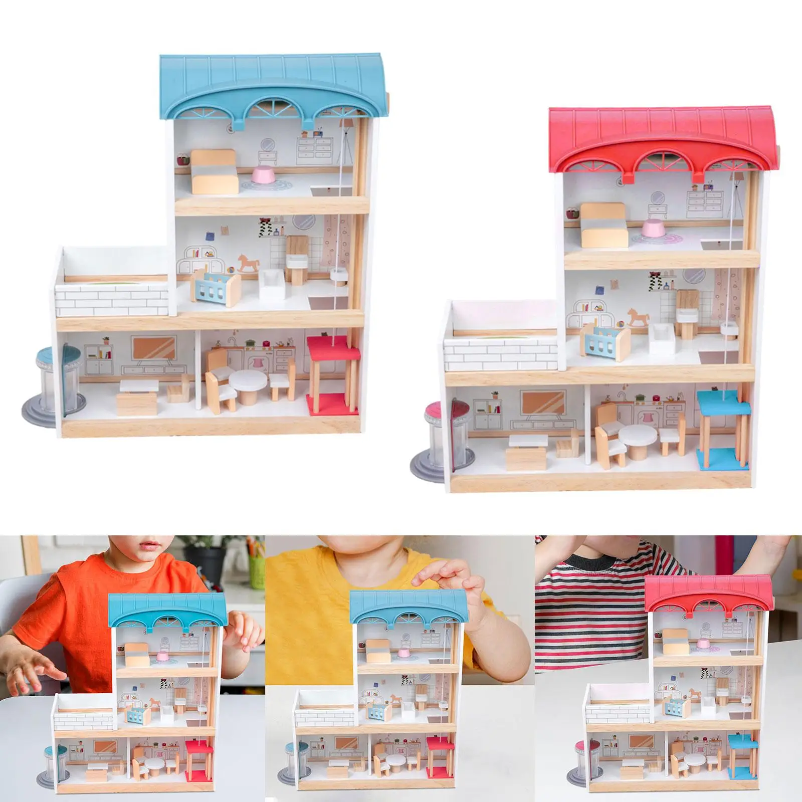 Casa de muñecas de madera, exquisito modelo de 2 cuentos, accesorios, Mini muebles, juego de juguete