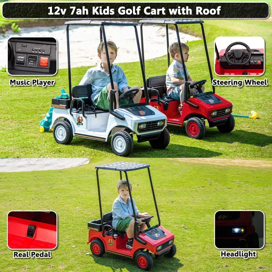 リモコン付きゴルフカート、2人乗り、男の子と女の子向けの乗用玩具、12Vバッテリー駆動の電動車両、プラスチック製の屋根付き